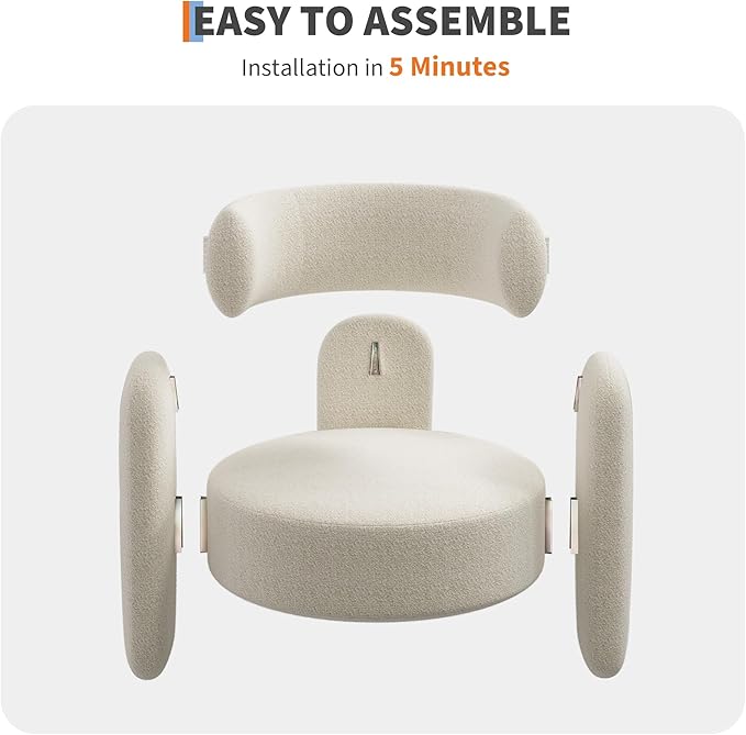 Cozy Oversized Barrel Accent Chair in Modern Mid-Century Boucle Chair Fabric Round Open Back Lounge Armchair for Reading Corner Bedroom Living Room and Apatment Decor Cream White