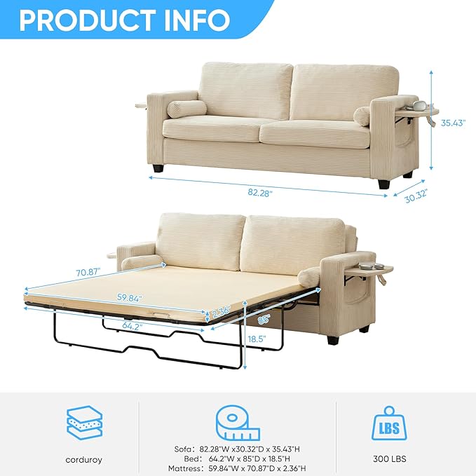 Mjkone 82 Width Queen Size Pull Out Sofa Bed Sleeper Couch with Pull Out Beds 2-in-1 Convertible Corduroy Loveseat Sleeper Sofa Couch Bed with Folding Mattress for Living Room Home Apartment Beige