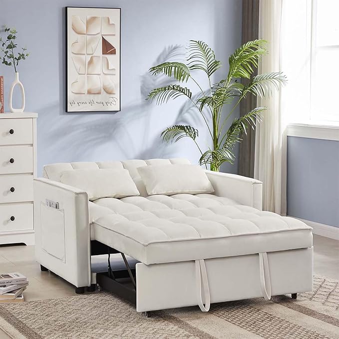 Sleeper Sofa Couch w/Pull Out Bed 53 Modern Velvet Convertible Sleeper Sofa Bed Small Love seat Sofa Bed with 2 Pillows &amp Side Pockets for Small Space Living Room Apartment Off White