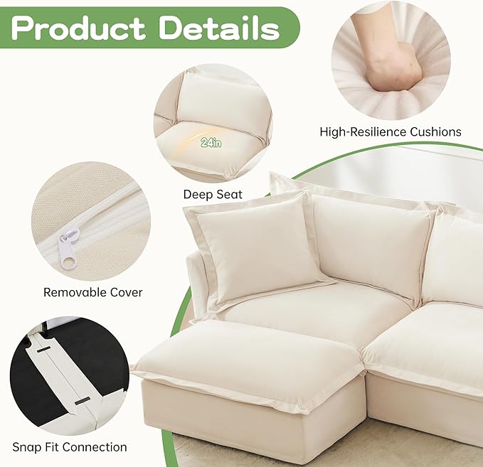 Modular Sectional Sofa Cloud Couch 83.4 Comfy 2-Seat L Shaped Couch with Ottoman &amp Removable Cover Oversized Sofa Set for Living Room Apartment Beige Chenille