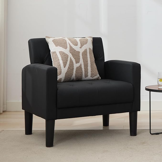 TYBOATLE Accent Chair Comfy Living Room Chair Black Leather Tufted Mid Century Modern Accent Chairs Small Cozy Reading Arm Chair for Office Bedroom (1 Black)