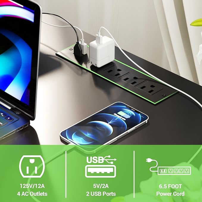 Unikito L Shaped Desk Reversible Corner Computer Desk with Magic Power Outlets and Smart LED Light Unique Grid Design 55 Inch Office Desk with Monitor Stand and Storage Shelf Black