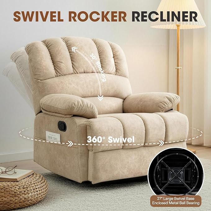 COOSLEEP Oversized Manual Swivel Rocker Recliner Chair Extra Wide Glider Rocker Recliner for Big and Tall Overstuffed Lazy Recliner Chair with High Back Single Sofa Chair for Living Room(Beige)