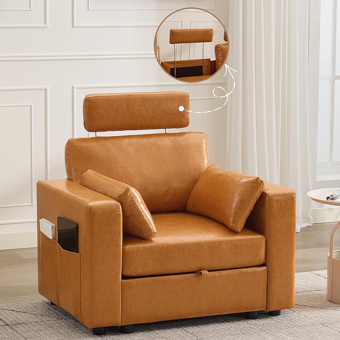 41.1 Accent Sofa Chair with Storage Faux Leather Living Room Chairs with Headrest and Side Pockets Mid Century Modern Arm Chair Upholstered Comfy Single Couch Reading Club Chairs Brown