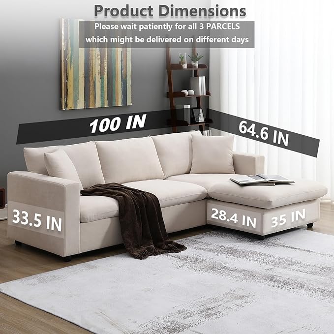 Modular Sectional Sofa for Living Room Modern L Shaped Cloud Couch with Ottoman Small Sectional Couch with Chaise Comfy 3 Seater Sofa for Small Spaces Apartment Beige