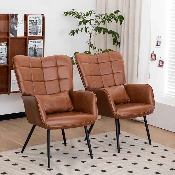 Bonded Leather Armchair Modern Accent Chair High Back Living Room Chairs with Metal Legs and Soft Padded Sofa Chairs for Home OfficeBedroomDining Room (Brown 1pc) UU317