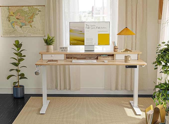 FEZIBO 55 x 24 Inch Height Adjustable Electric Standing Desk with Double Drawer Computer Desk Home Office Stand Up Table with 4 Height-Adjustable Feets &amp 2 Hooks Maple