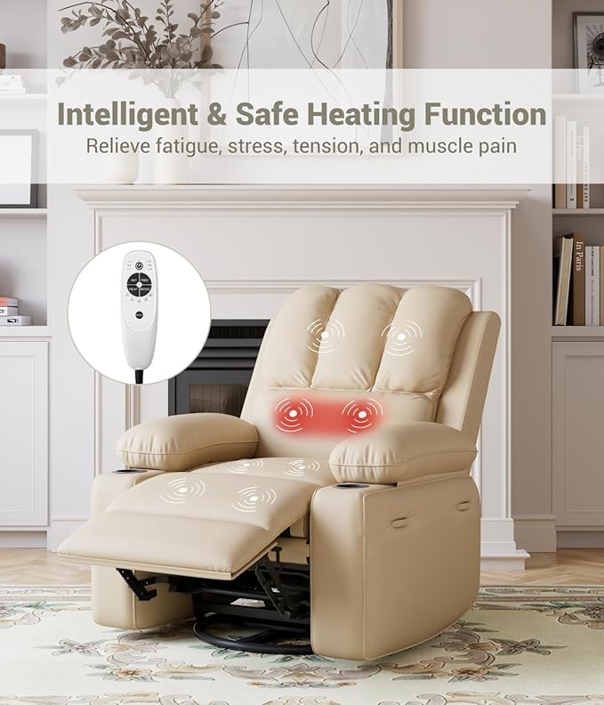 Power Recliner Chair for Adults with Massage and Heat Swivel Oversized Leather Recliner Chair with USB Ports &amp Side Pockets for Living Room (22 Medium-Seat WidthBeige)