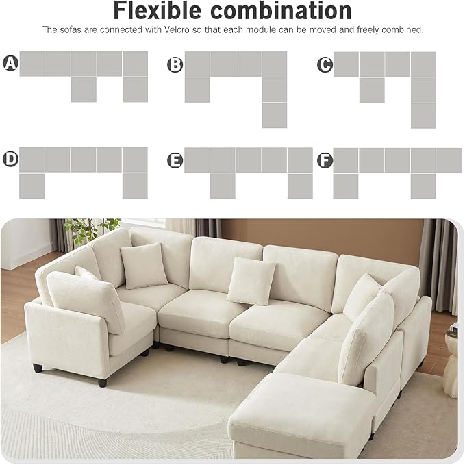 121'' 7-Seater Modular Sectional Upholstered Couches Chenille Cloud Couch with Movable OttomanL/U-Shape Modern Sofa for Living RoomBeige