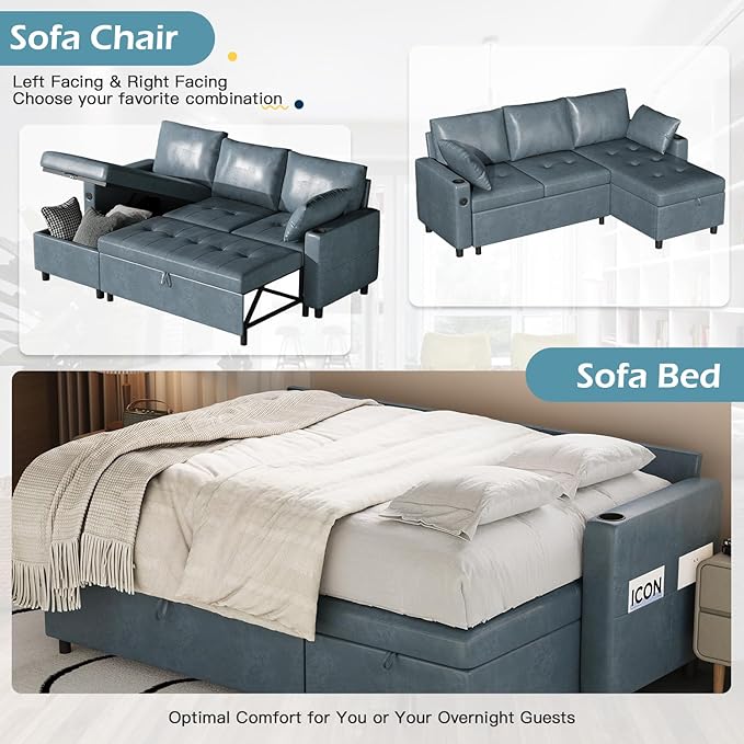 Esright Leather Sleeper Sofa Pull Out Couch with Reversible Chaise Suede Leather Sleeper Sofa with Storage USB Cup Holder Pullout Sectional Couches for Living Room Apartment Blue | Sofa with Sto