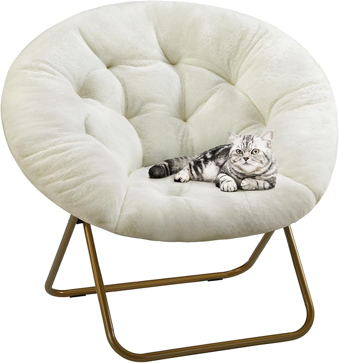 DUMOS Comfy Saucer Chair Faux Fur Lounge Seasting XL Circle Chair for Bedroom Dorm &amp Gaming Foldable Fashion Accent Seat for Small Spaces Folding Moon/Mushroom/Round Oversized StyleWhite