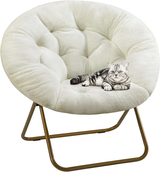 DUMOS Comfy Saucer Chair Faux Fur Lounge Seasting XL Circle Chair for Bedroom Dorm &amp Gaming Foldable Fashion Accent Seat for Small Spaces Folding Moon/Mushroom/Round Oversized StyleWhite