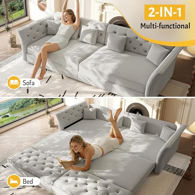 extrasleep 100'' Velvet Pull Out Sofa Bed Oversized King Sleeper Sofa with Handcrafted Floral Tufted Design 3-in-1 Convertible Sleeper Couch Tufted Deep Seat Couch for Living Room Light Grey