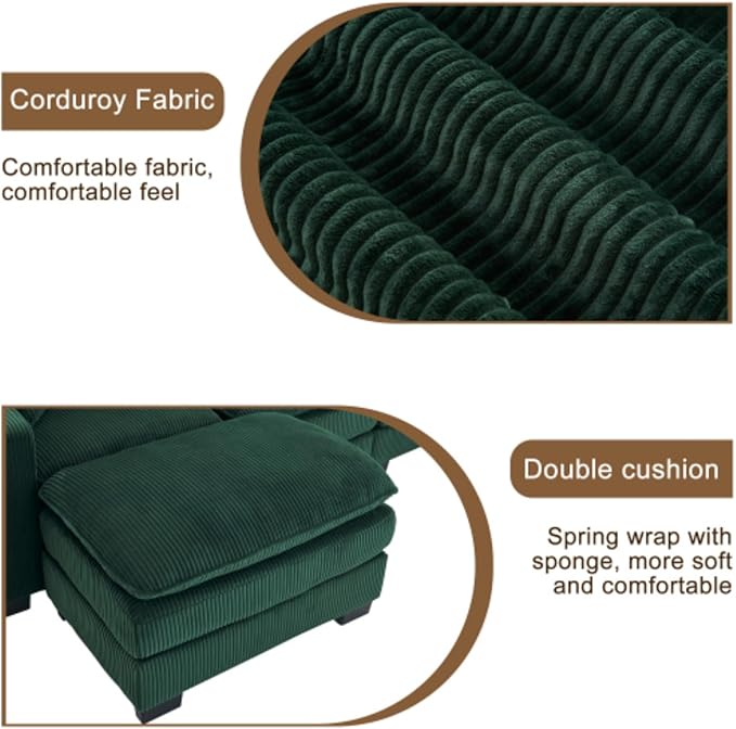Modern U Shaped 6-seat Sectional Sofa Couch with one Ottoman and Three toss PillowsModular Sofa for Living RoomCorduroy Sofa (GreenCorduroy-7 Seat)