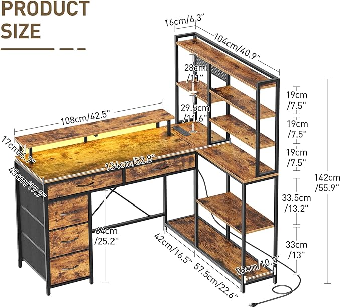 L Shaped Computer Desk with Drawers 53'' Gaming Desk with Storage Shelves Corner Computer Desk with Power Outlets &amp LED Light Home Office Desk with Monitor Stand and Pegboard Rustic Brown