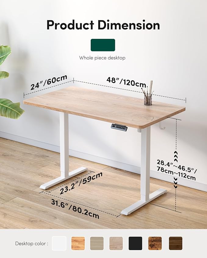 FEZIBO One-Piece Standing Desk Adjustable Height Stand up Home Office Desk 48x24 Inch Electric Standing Computer Desk with 4 Memory Presets Headphone Hook Maple