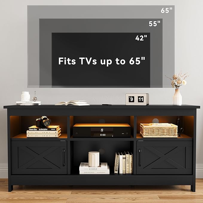 DWVO Farmhouse TV Stand for 65 Inch TV Black Entertainment Center with LED Lights &amp Power Outlet TV Media Console with Storage for Living Room Black