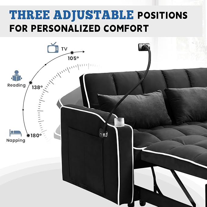 TTK 3-in-1 Convertible Velvet Sleeper Sofa Bed Pull-Out Loveseat with Adjustable Backrest USB Port &amp 2 Pillows Swivel Phone Stand &amp Storage Pockets Modern Futon Couch for Living Room Blac