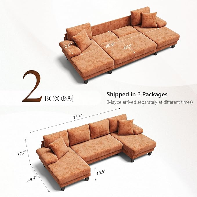 Txtin's Sleeper Sofa with Pull Out Couch Bed | 112 Inch Couches for Living Room | U-Shaped Convertible Sofa Bed | Chenille Orange