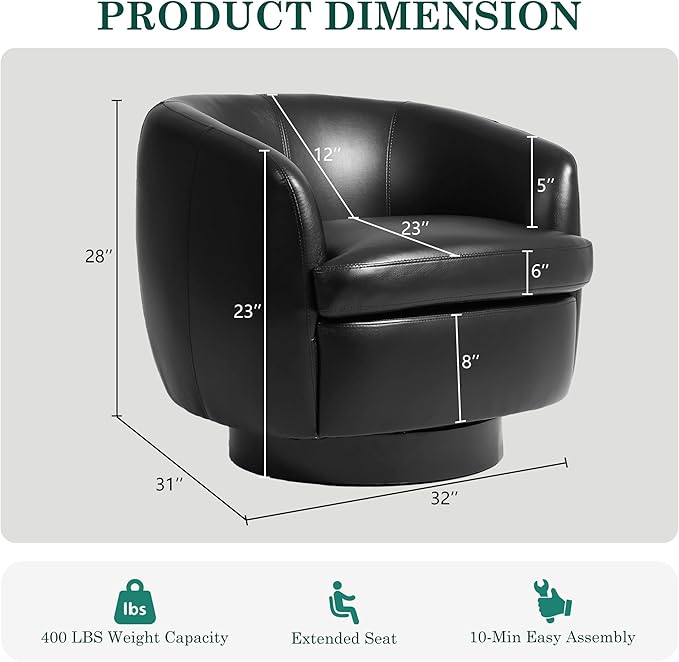 UIXE Leather Swivel Barrel Accent Chairs Set of 2 Comfy Round Faux Leather Armchair Reading Chair for Living Room Barrel Club Chairs Bedroom Black