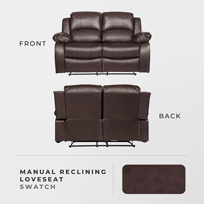 Lexicon Humphreys Loveseat Recliner - Soft Faux Leather Double Reclining Sofa Manual Pull Tab Wall Hugger High-Density Foam Solid Wood Frame Easy Assembly 62.5 W Living Room RV - Brown