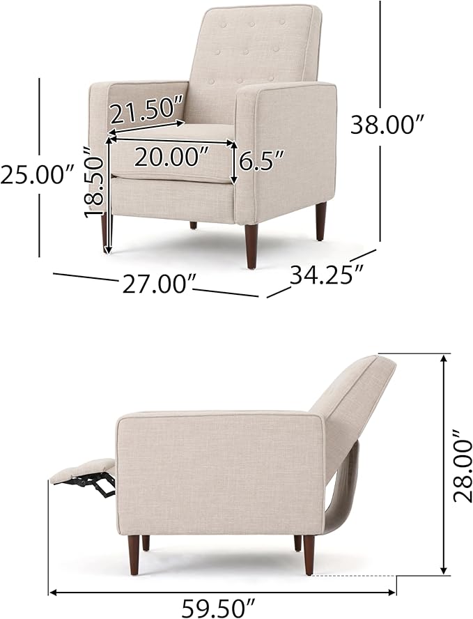 KEIKI Push Back Chair for Living Room Mid-Century Modern Recliner with Birch Legs