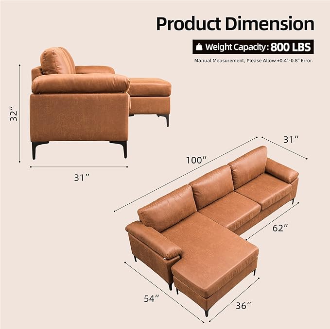 100 Faux Leather Convertible Sectional Sofa Couches for Living Room3 Seater L Shaped Sofa Couch with Reversible ChaiseMid-Century Modern Comfy Deep Seat Sofa (BrownSuede Fabric)