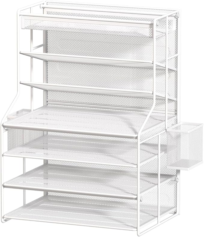 7 Tier Desk File Organizer – Vertical File Organizer for Desk with Removable Pen Holder &amp Adjustable Drawer – Metal Document Organizer for Office Simple Trending Design – White