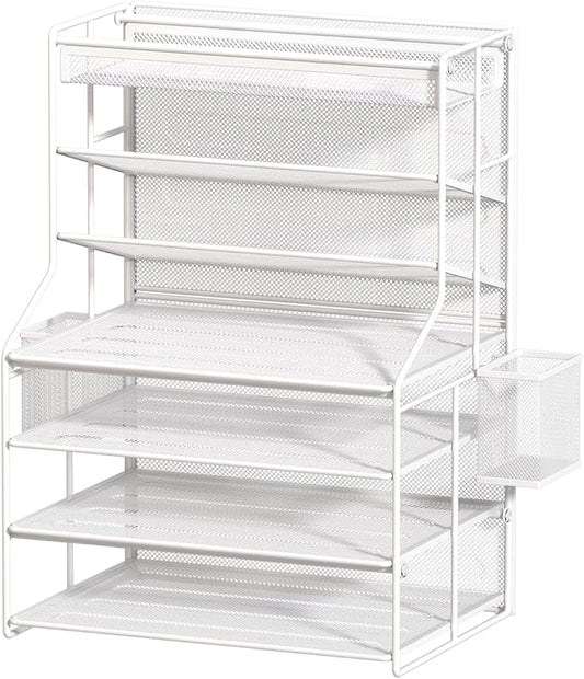 7 Tier Desk File Organizer – Vertical File Organizer for Desk with Removable Pen Holder &amp Adjustable Drawer – Metal Document Organizer for Office Simple Trending Design – White