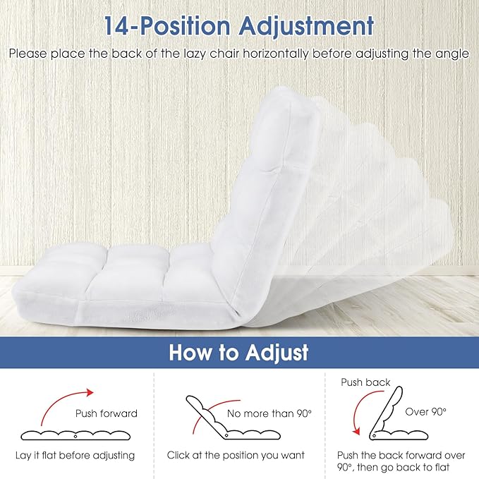 Moccha 14-Position Floor Sofa Folding Sofa Chair with Back Support Memory Foam Floor Gaming Chairs for Adults Adjustable Padded Couch Recliner Chaise Lounge for Reading Meditating (White)