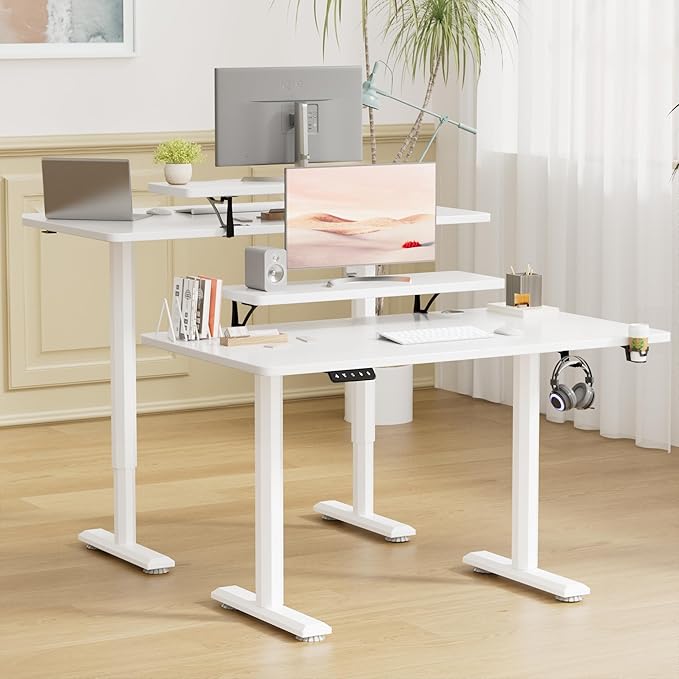 YESHOMY Electric Standing Desk with Monitor Shelf 47 x 24 Inches Height Adjustable Corner Table Computer Workstation with Cup Holder and Hook for Home Office White 47x24 Inch