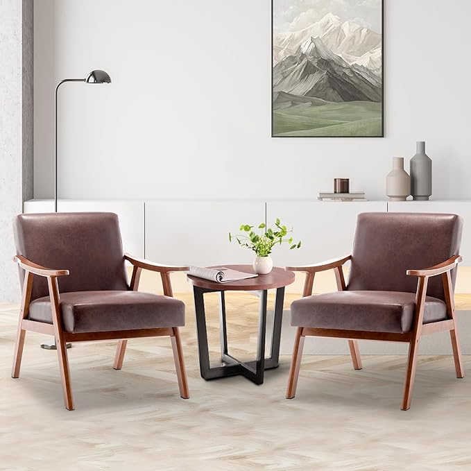 Mid Century Modern Accent Chairs with Solid Wood Frame Comfortable Accent Chair with Arms for Living Room or Bedroom Dark Brown