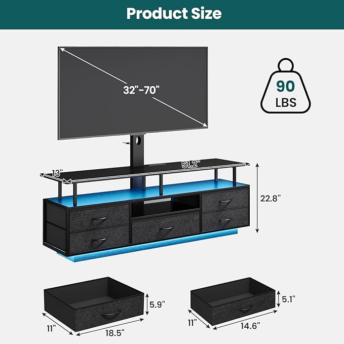 BTHFST TV Stand with Mount for 32/55/65/70 inch TVs 51.2 LED TV Stand with Power Outlets &amp Storage Entertainment Center with Storage for Living Room Bedroom Black