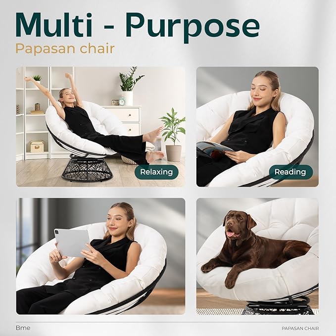Bme 40 Ergonomic Wicker Papasan Chair with Soft Thick Cushion &amp Frame 360° Swivel Circle Reading Comfy Chair for Living Room Bedroom