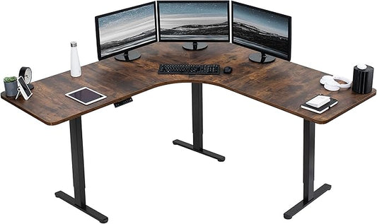 VIVO Electric Height Adjustable 71 x 71 inch Curved Corner Stand Up Desk Rustic Vintage Brown Table Top Black Frame Memory Controller L-Shaped Workstation E3C Series DESK-KIT-E3CBN