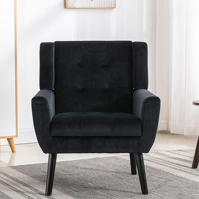 Living Room Chairs Modern Upholstered Accent Chair Armchair Velvet Fabric Reading Chair Single Sofa with Wood Legs for Living Room Bedroom Indoor Home Black