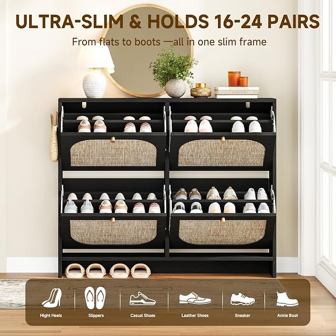 Nicetree Freestanding Arched Rattan Accent Ultra Slim Shoe Cabinet for Entryway - 4 Flip Drawers &amp 3-Tier Adjustable Shelves Farmhouse Modern Rustic Shoe Rack for Hallway Foyer Living RoomBlack