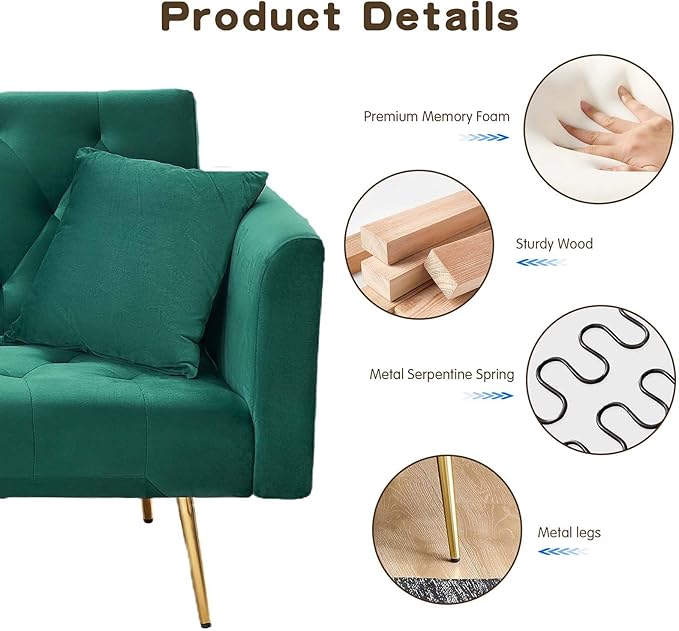 71Convertible Futon Sofa Bed - Modern Velvet Sleeper Couch with Adjustable Backrest Tufted Recliner with Golden Chrome Legs &amp 2 Pillows Perfect for Small Spaces Living Room &amp Apartment (Gr