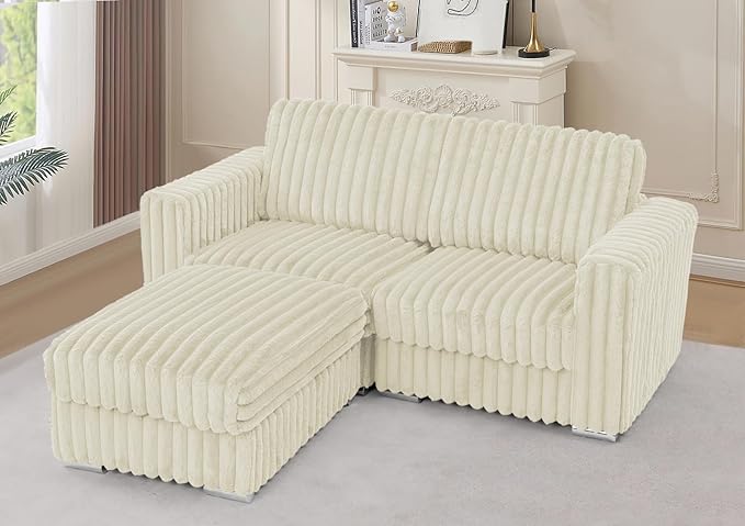 72 L-Shape Corduroy Sofa with Movable Ottoman Upholstered Seational Sofa with Stable Feet Deeper 2 Seats Couch with Thickened Seat Cushions for Living Room Bedroom Office Beige
