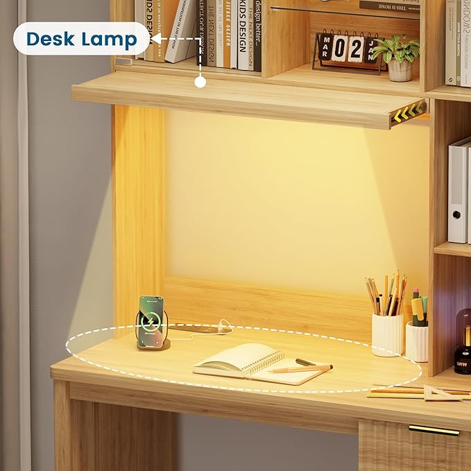Standing Desk with LED Light for Office Room Smart Computer Desk with Hutch and Drawer for Game RoomModern Study Table with 2AC Port Charging Station/Lamp/for Bedroom (Wood)