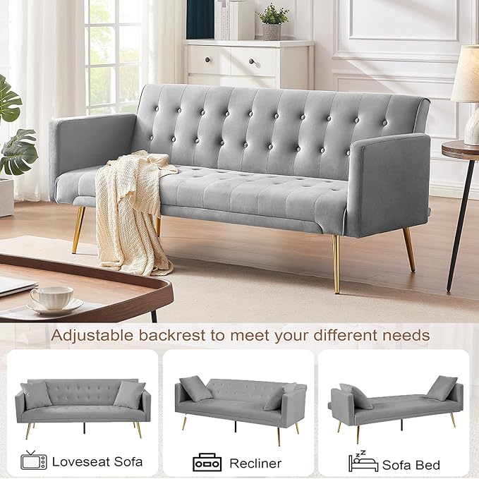 Anwick 72 Modern Velvet Sofa Bed FutonConvertible Folding Sleeper Bed Couches with 3 Adjustable BackrestsTufted Recliner Loveseat with Golden Chrome Legs for Small Living Room Office (Grey)