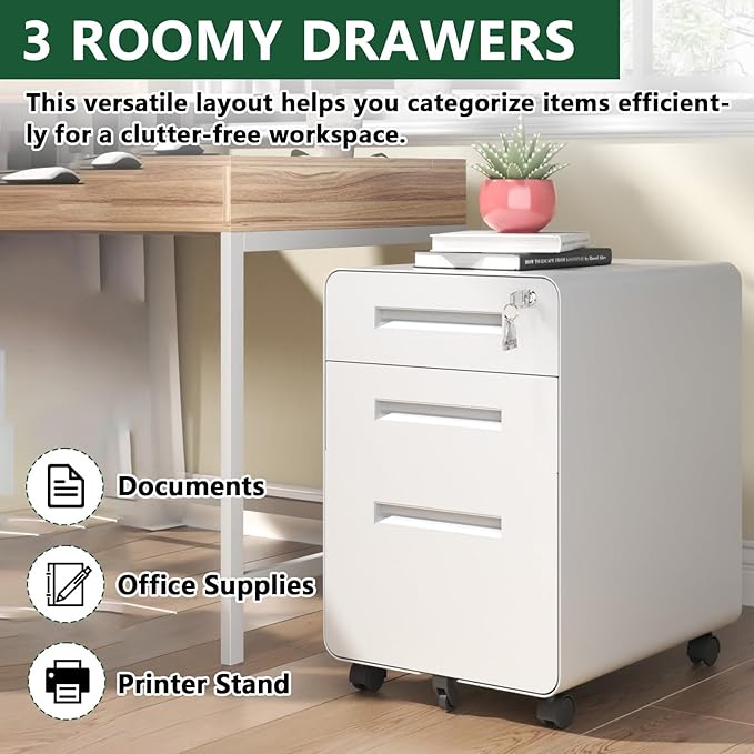 3 Drawer Filing Cabinet Lockable Metal File Cabinet Mobile File Cabinets for Home Office Under Desk Cabinets for Organizer A4/Letter/Legal Fully Assembled (White 2)
