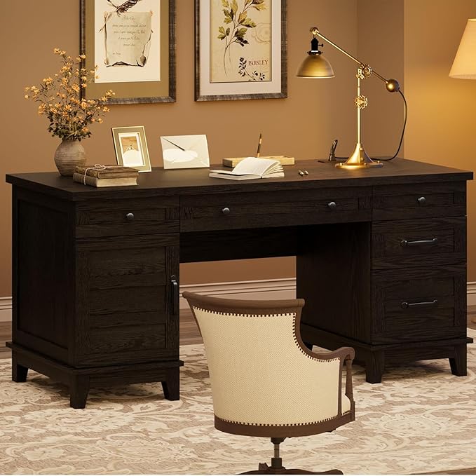 60 Inch Farmhouse Computer Desk with Charging Station &amp File Cabinet Wooden Office Desk with Power Outlets USB Ports and Ample Storage Drawers for Home Workspace Executive Writing Table.