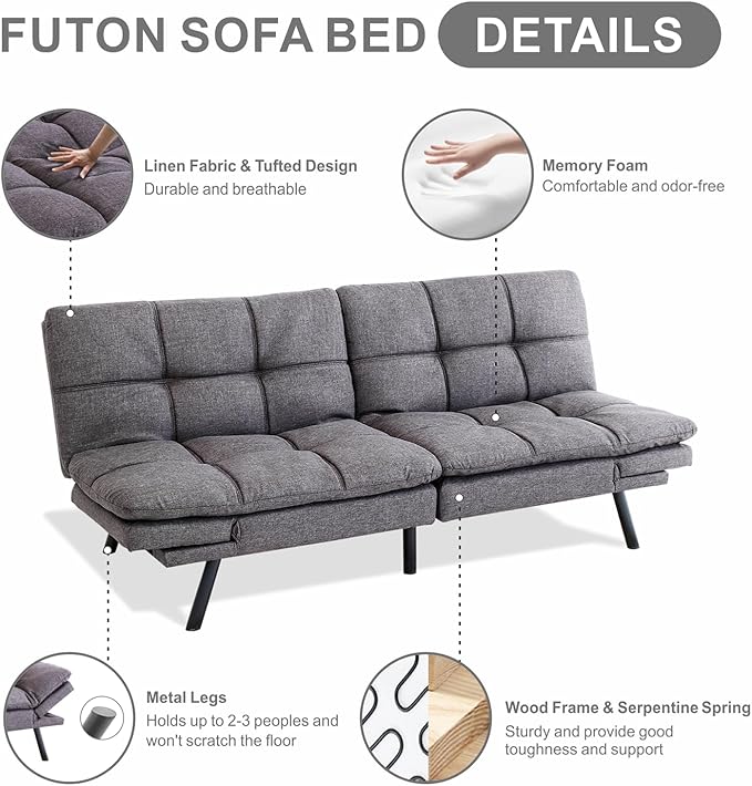 QAIIOO Futon Sofa Bed Memory Foam Sleeper Sofa Convertible Sofa Bed with Adjustable Armrests and Backrest Modern Futon Couch for Small Space Living Room Office Grey