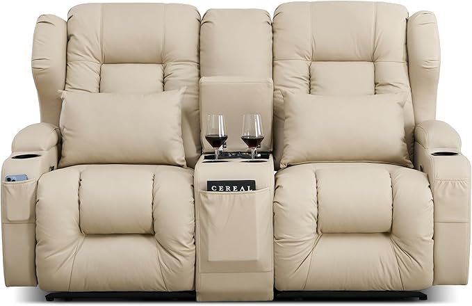 DRMBOOK RV Loveseat Recliner Sofa Double Wall Hugger Reclining Couches Manual Reclinable Movie Seating 2 Person Recliner for Travel Trailer (Leathaire Beige 2 Seater with Standard Console)