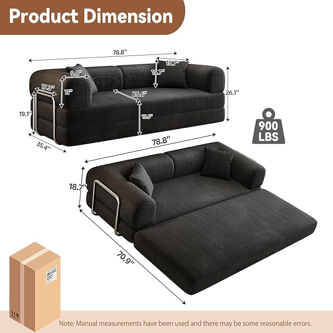 78.8 Modern Convertible Floor Sleeper Sofa Bed Corduroy Modular Boneless Couch with Silver Fixed-Shape Frame No Assembly Futon Cloud Loveseat with Pull-Out Bed for Living Room (Black)