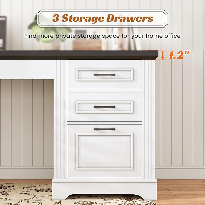 SEDETA Office Desk with 3 Drawers 55 Executive Computer Desk with Storage Drawers Farmhouse Desk with Power Outlet for Home Office White