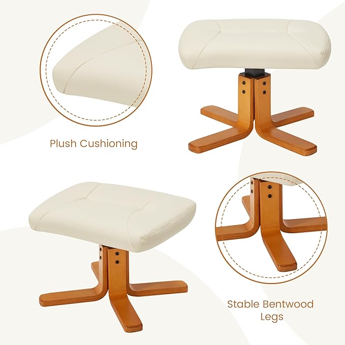 Swivel Recliner with Ottoman Reclining Chair and Footrest PU Leather Upholstered Chair Ottoman Set with Wrapped Base for Living Room Bedroom and Home Office Beige