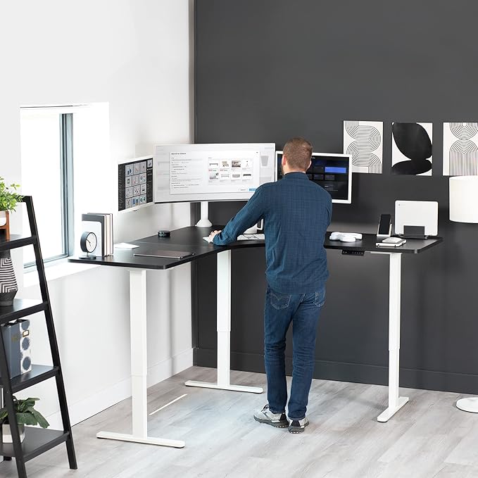 VIVO Electric Height Adjustable 71 x 71 inch Curved Corner Stand Up Desk Black Table Top White Frame Memory Controller L-Shaped Workstation E3C Series DESK-KIT-E3CWB