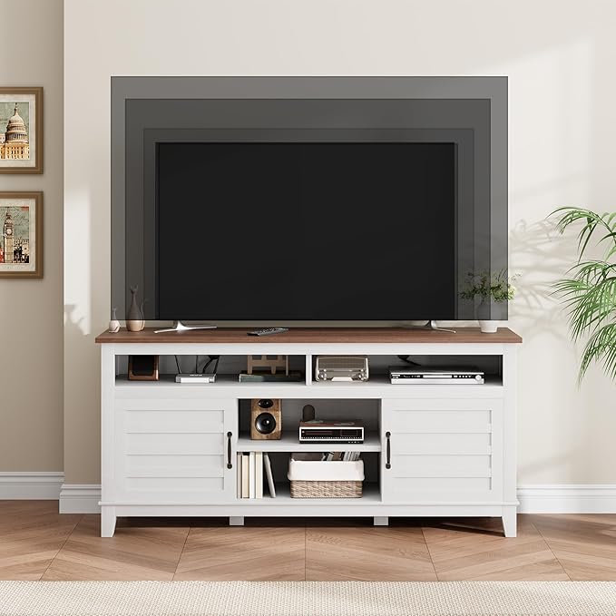 Garvee 63 Inch TV Stand Entertainment Center with Adjustable Shelves Farmhouse TV Stand with Cabinet Doorsfor Living Room